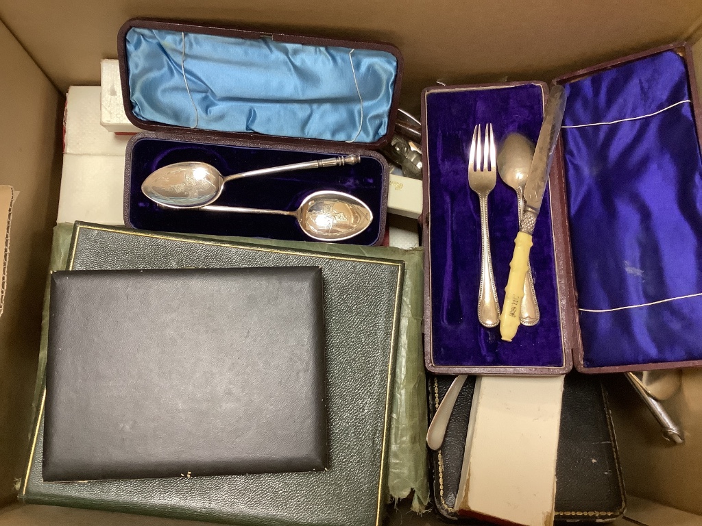 Five cased sets of plated wares and sundry plate